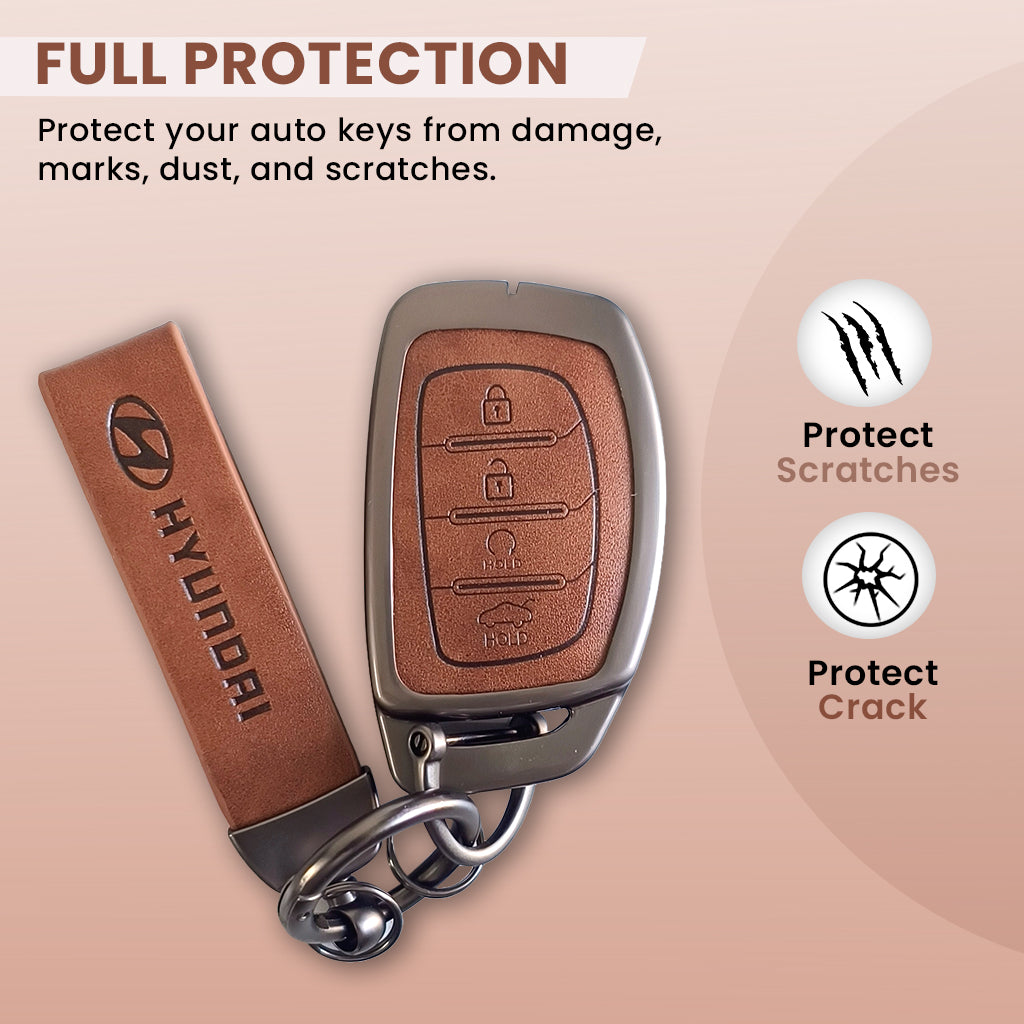 Metal Leather Car Key Cover Compatible With Creta, Venue, i20 Tucson, Elantra, Alcazar, Creta, Tucson | 4 Button Smart Key