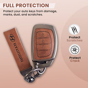 Metal Leather Car Key Cover Compatible With Creta, Venue, i20 Tucson, Elantra, Alcazar, Creta, Tucson | 4 Button Smart Key