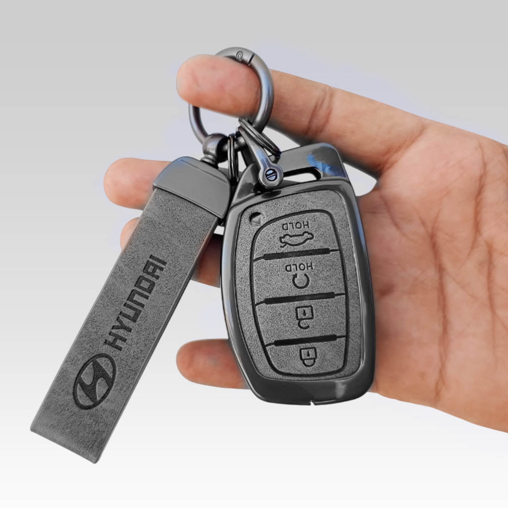 Metal Leather Car Key Cover Compatible With Creta, Venue, i20 Tucson, Elantra, Alcazar, Creta, Tucson | 4 Button Smart Key