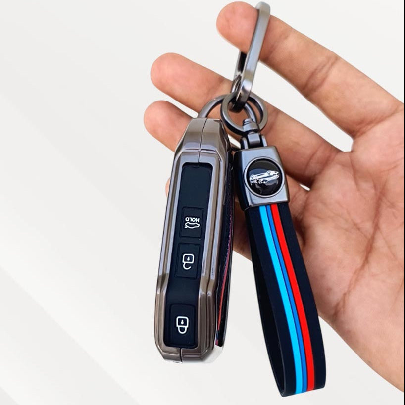 Metal Silicone Key Cover (Belt) for Kia Seltos HTE, Sonet HTE, Carens Premium, Prestige 3 Button Flip Key