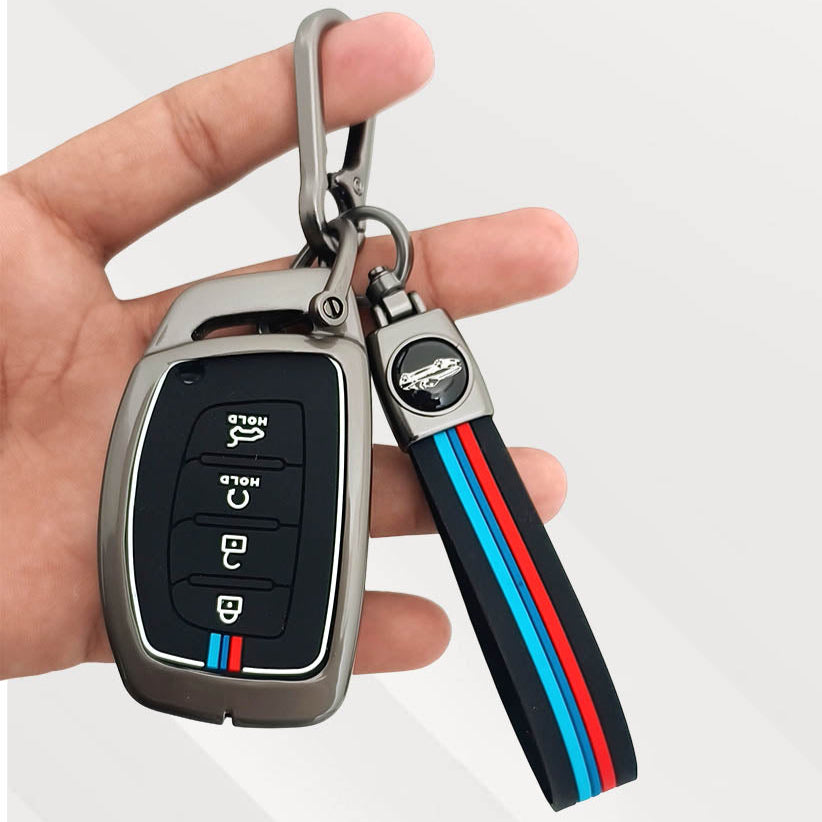 Metal Silicone Key Cover with Belt for Hyundai Alcazar, Creta, Tucson | 4 Button Smart Key