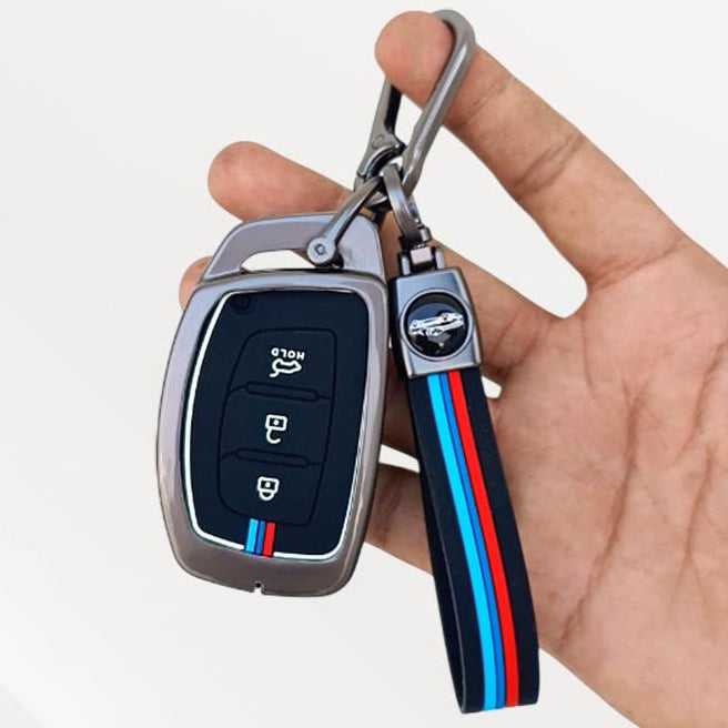 Metal Silicone Key Cover (Belt) for Grand i10 NIOS Asta, Venue, i20, Aura, Creta, Elantra | 3 Button Smart Key