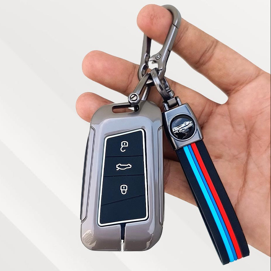 Metal Silicone Key Cover with Belt for Kushaq, Kodiaq | 3 Button Smart Key | Volkswagen | Skoda