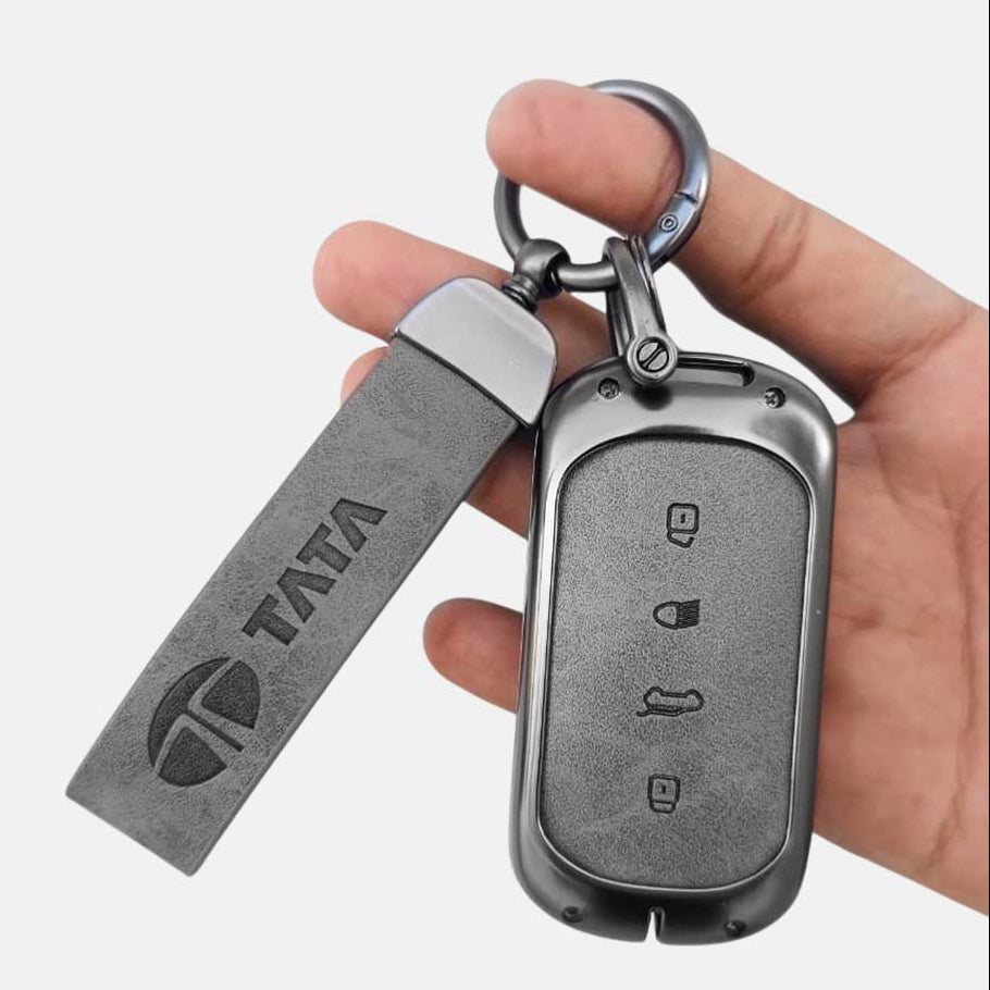 Metal Leather Key Cover For TATA curvv| 4 Button smart key