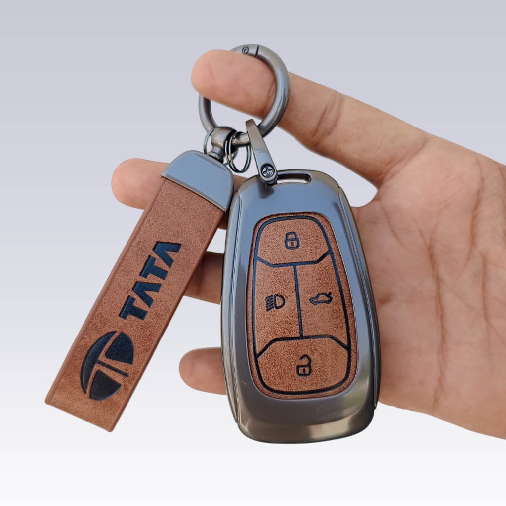 Metal Leather Car Key Cover For TATA Punch, Tiago, Altroz, Nexon, Harrier, Safari, EV, Sierra | 4 Button Smart Key