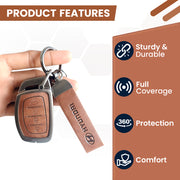 Metal Leather Car Key Cover Compatible With Creta, Venue, i20 Tucson, Elantra, Alcazar, Creta, Tucson | 4 Button Smart Key