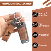 Metal Leather Car Key Cover Compatible With Mahindra XUV 500 | 3 Button Flip Key