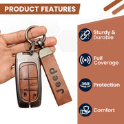 Metal Leather Car Key Cover Compatible With Jeep Compass | 3 Button Smart Key