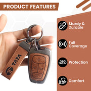 Metal Leather Car Key Cover For TATA Punch, Tiago, Altroz, Nexon, Harrier, Safari, EV, Sierra | 4 Button Smart Key