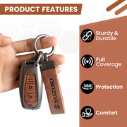 Metal Leather Key Cover for Suzuki Baleno, Ciaz, Grand Vitara, Brezza, S Cross, Swift, Ignis, XL6, Fronx | 2 Button Smart Key