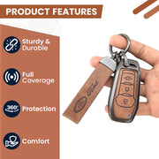 Metal Leather Car Key Cover Compatible with Figo, Aspire, Endeavour | 3 Button Flip Key