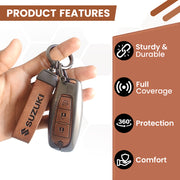 Metal Leather Key Cover for Suzuki Baleno, Ciaz, Vitara, Brezza, S Cross, Swift, Ignis, XL6, Fronx, Jimny,  Grand Vitara  | 3 Button Smart Key