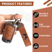 Metal Leather Key Cover For Mahindra Scorpio, XUV 300,  Marazzo, XUV 700,  3XO, XUV 400 EV,  Bolero, Thar, TUV 3  & Thar Roxx | 3 Button Flip Key