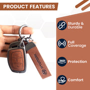 Metal Leather Car Key Cover Compatible with Grand i10 NIOS Asta, Venue, i20, Aura, Creta, Elantra | 3 Button Smart Key