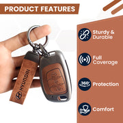 Metal Leather Car Key Cover Compatible With Creta, Venue, Aura, i20,Grand i10 Nios, Xcent | 3 Button Flip Key