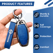 Metal Leather Car Key Cover For Nissan Magnite, Micra, Sunny, Teana 3 button smart key