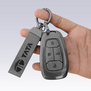 Metal Leather Car Key Cover For TATA Punch, Tiago, Altroz, Nexon, Harrier, Safari, EV, Sierra | 4 Button Smart Key