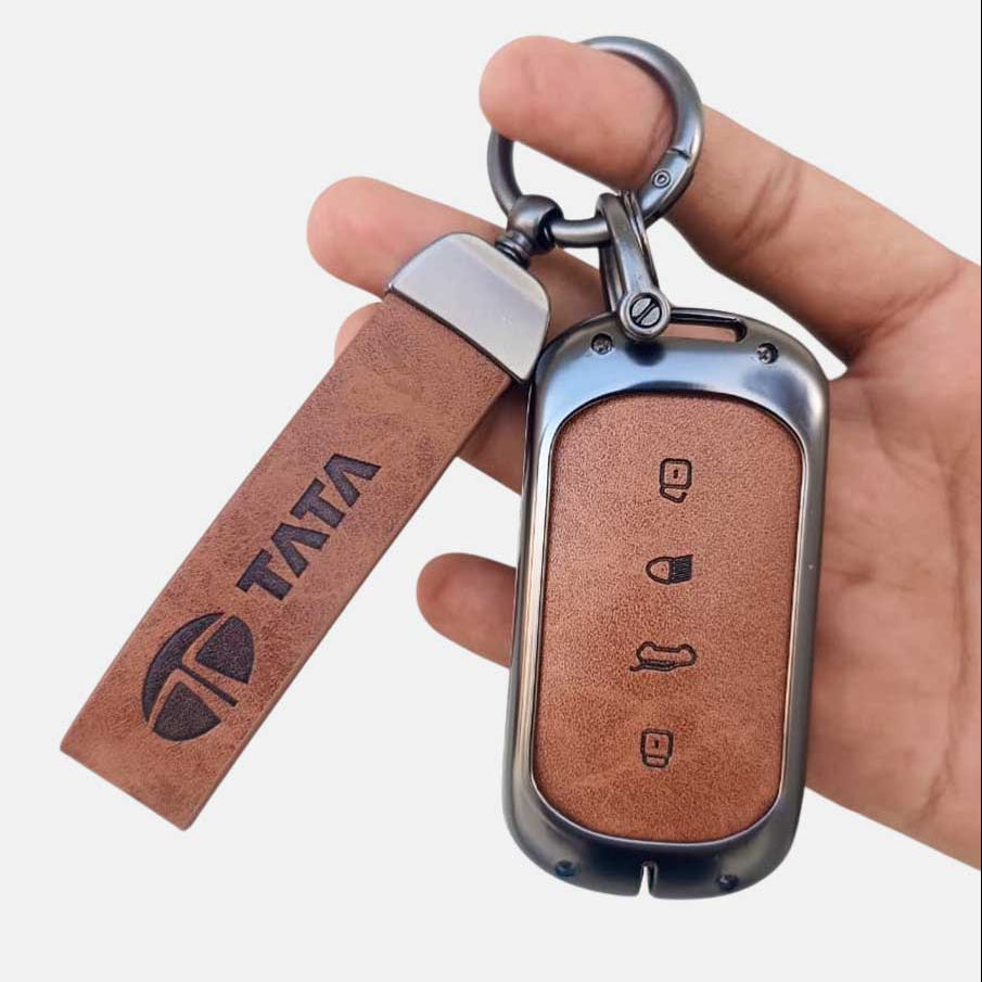 Metal Leather Key Cover For TATA curvv| 4 Button smart key
