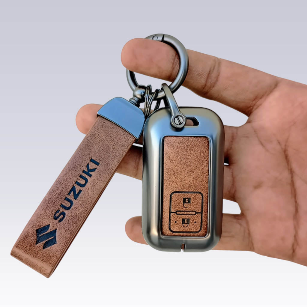 Metal Leather Key Cover for Suzuki Baleno, Swift, Ertiga, XL6, DZire, Fronx, Scross, Celerio, Ciaz, Brezza, Grand Vitara, Jimny, Ignis | 2 Button Smart Key