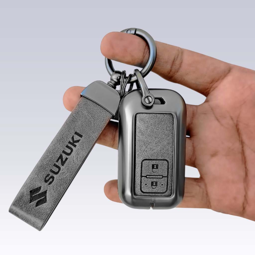 Metal Leather Key Cover for Suzuki Baleno, Swift, Ertiga, XL6, DZire, Fronx, Scross, Celerio, Ciaz, Brezza, Grand Vitara, Jimny, Ignis | 2 Button Smart Key