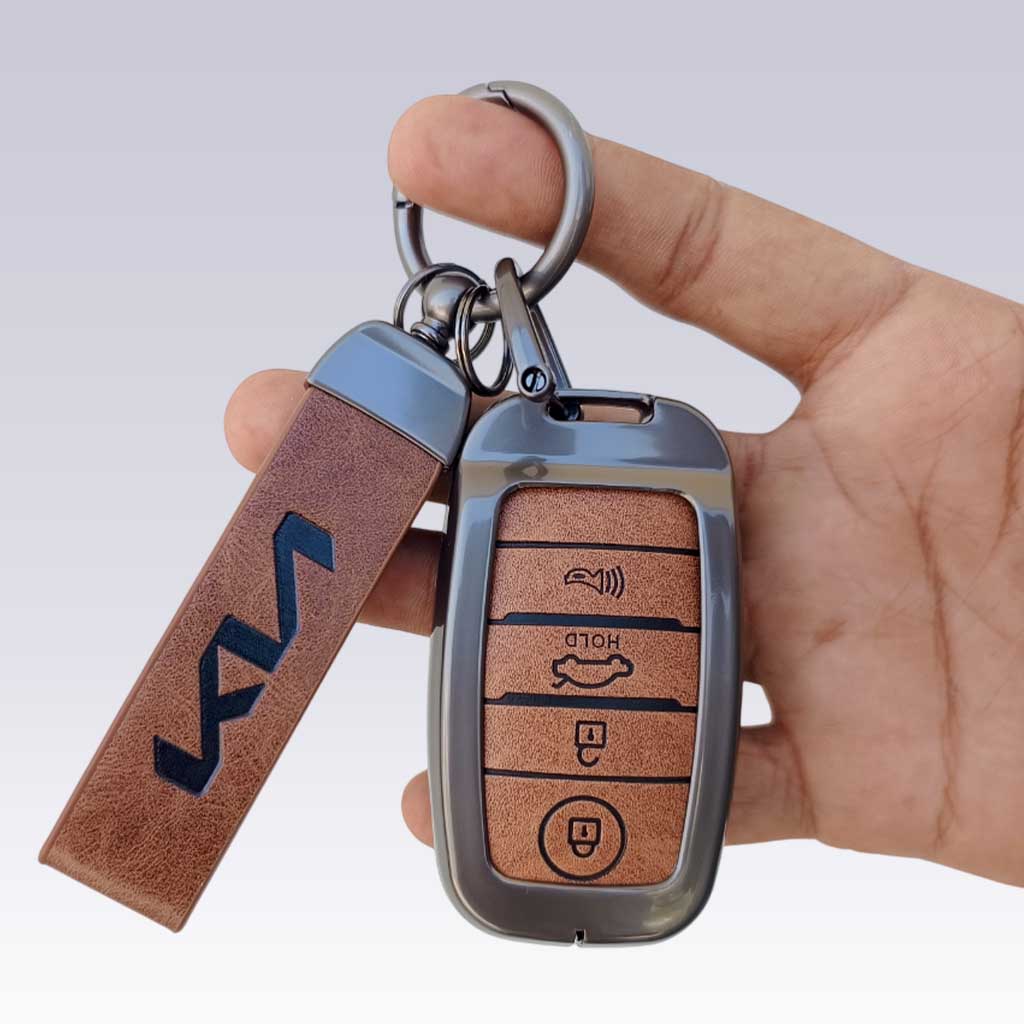 Metal Leather Car Key Cover Compatible With Kia Seltos, Sonet, Carens - 4 Button Smart Key - Push Start Only Key - 360° Shock-Proof Protection