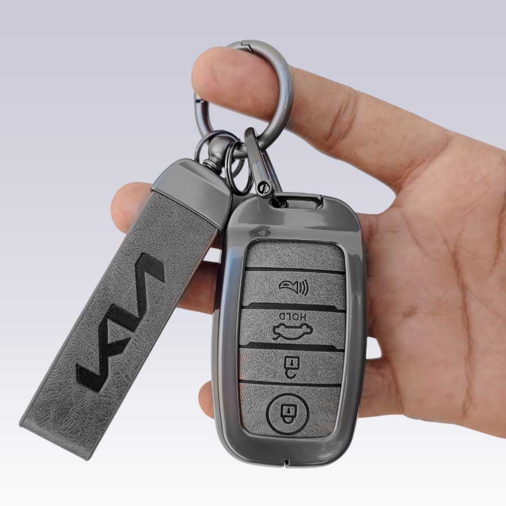 Metal Leather Car Key Cover Compatible With Kia Seltos, Sonet, Carens | Push Start Only Key