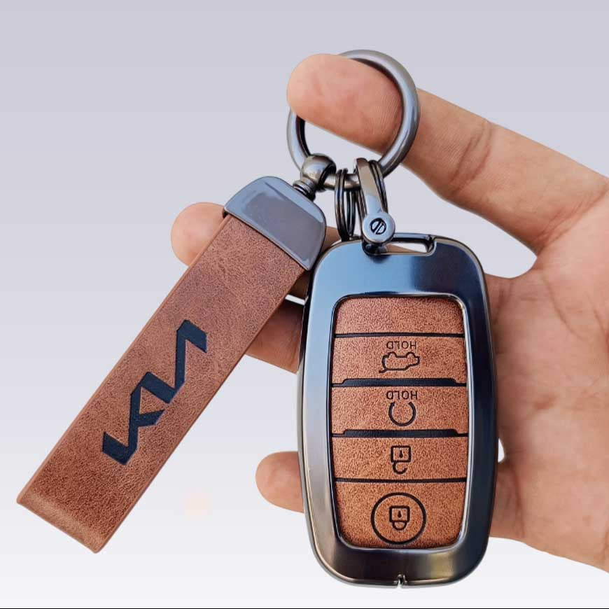 Metal Leather Car Key Cover Compatible With Kia Seltos, Sonet, Carens | Push Start Key