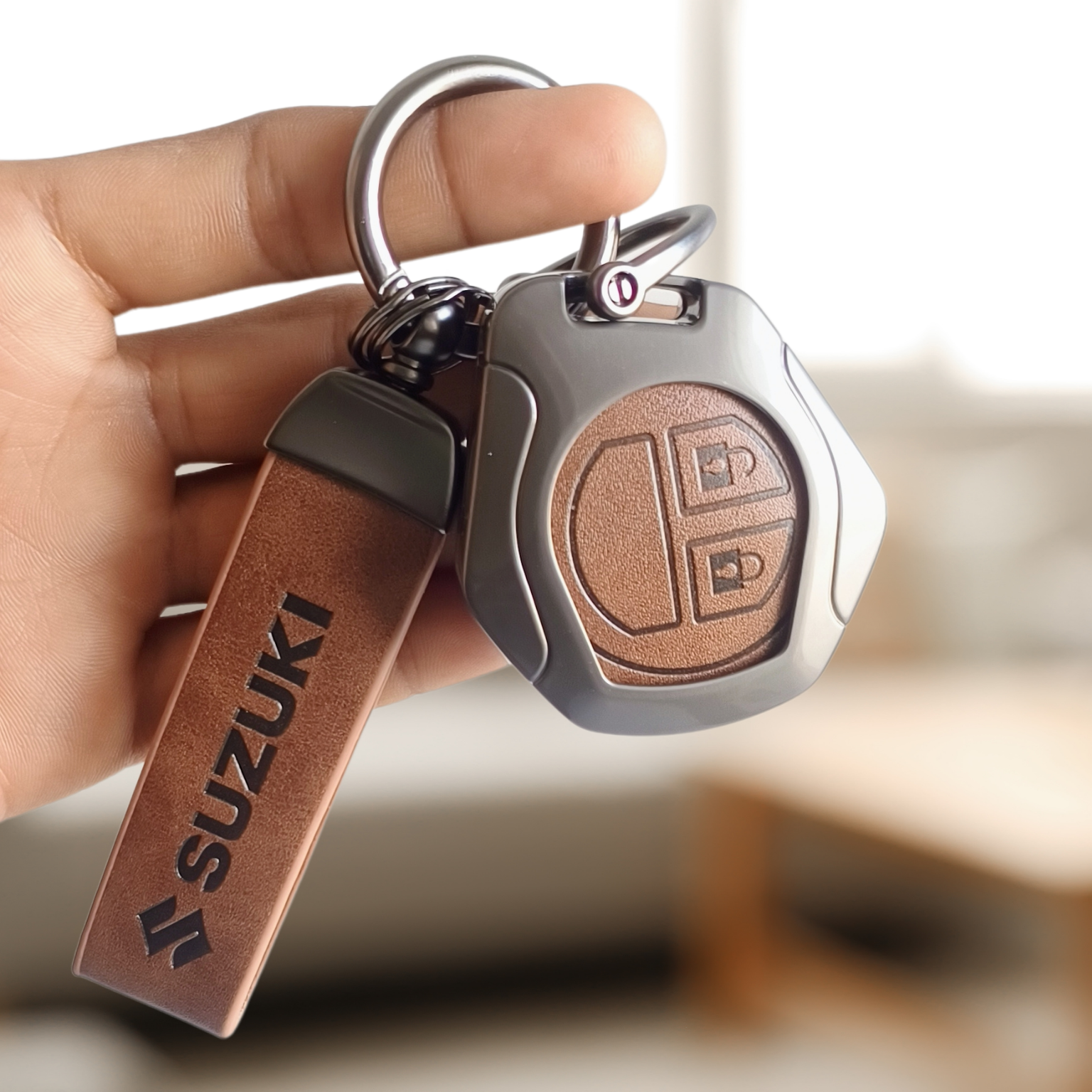 Metal Leather Key Cover for Suzuki Swift, Dzire, Ertiga, Baleno, Celerio, WagonR, Ritz, Brezza, Scross, Alto, Fronx, XL6, Ciaz, Grand Vitara, Jimny, Alto K10, S Presso, Ignis |for Toyoto Rumion, Hyryder, Urben Cruiser, Galanza | 2 Button Key