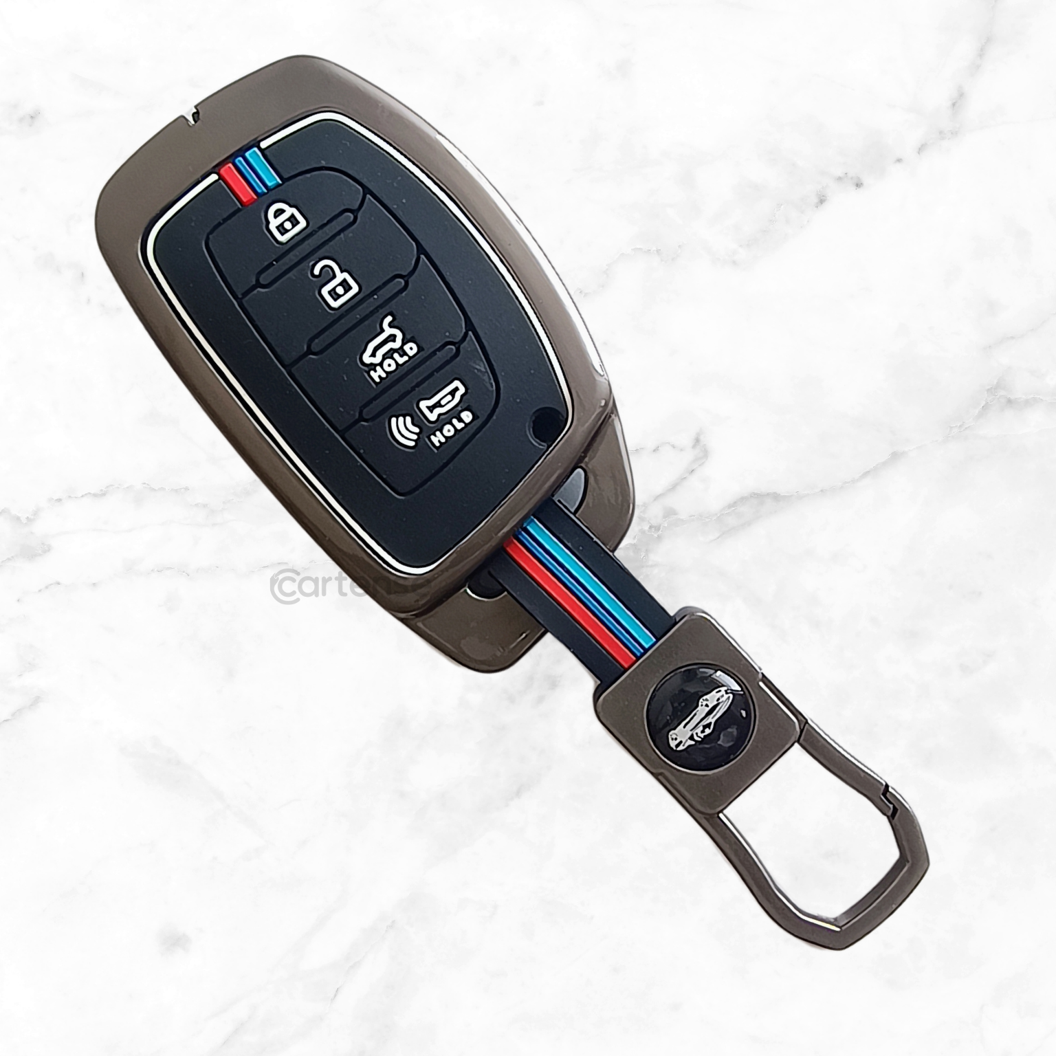Metal Silicon Car Key Cover Compatible With Creta, Venue, i20 Tucson, Elantra | 4 Button Smart Key