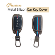 Metal Silicon Car Key Cover Compatible With Creta, Venue, i20 Tucson, Elantra | 4 Button Smart Key