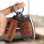 Metal Leather Car Key Cover Compatible With Creta, Venue, Aura, i20,Grand i10 Nios, Xcent | 3 Button Flip Key