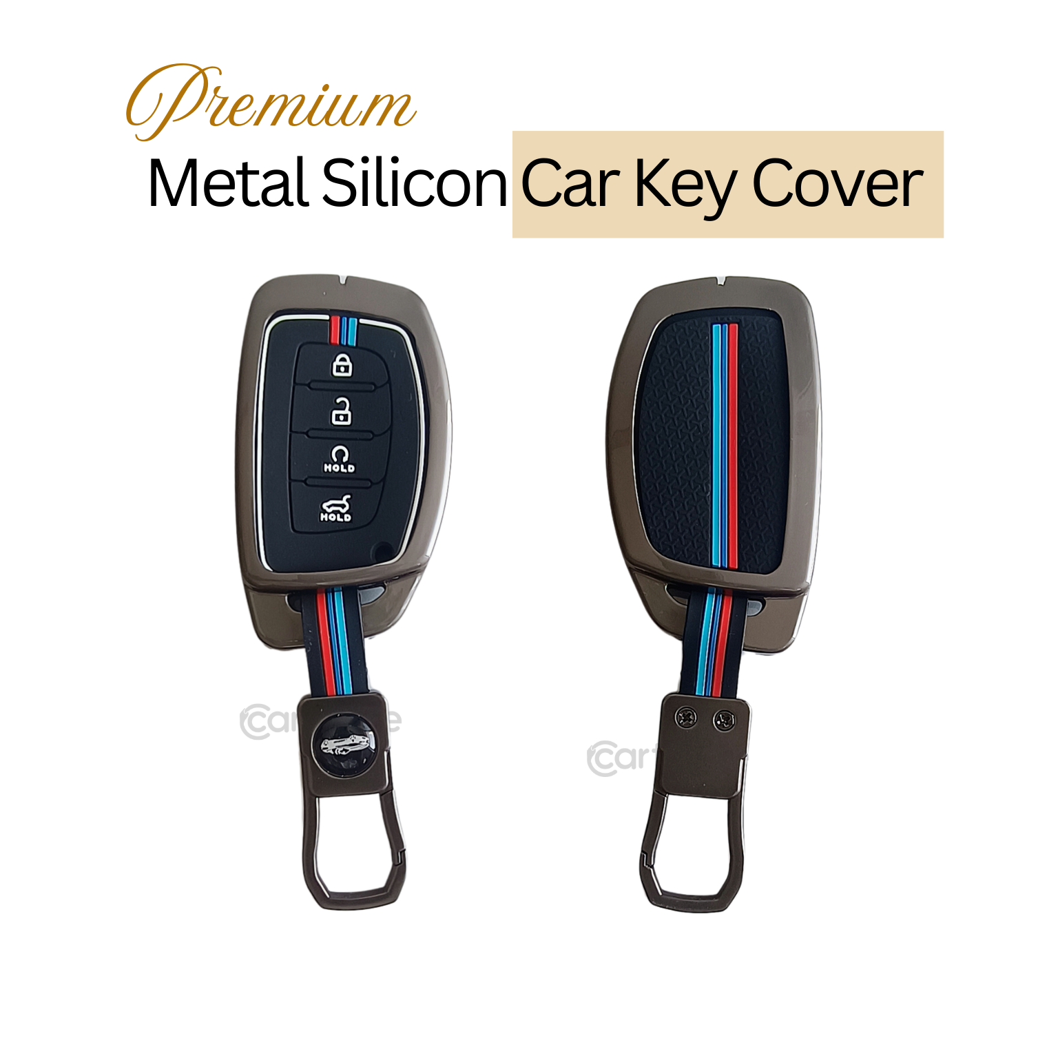 Metal Silicon Car Key Cover Compatible With Hyundai Alcazar, Creta, Tucson | 4 Button Smart Key