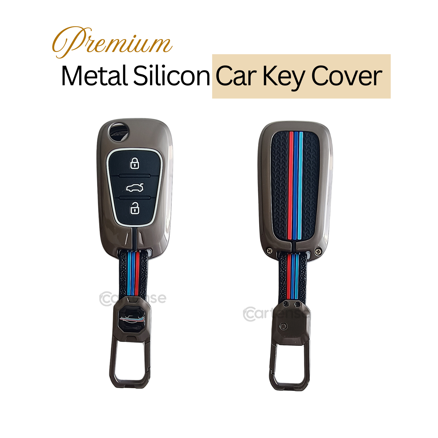 Metal Silicon Car Key Cover Compatible with Verna Fluidic, Old i10,Old i20 | 3 Button Flip Key
