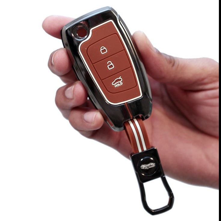 Metal Silicon Car Key Cover with Zinc Alloy For Kona, Verna, Tucson, Venue, Aura - 3 Button Smart Key - 360° Shock-Proof Protection - (Biscuit Brown)