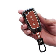 Metal Silicon Car Key Cover with Zinc Alloy For Kona, Verna, Tucson, Venue, Aura - 3 Button Smart Key - 360° Shock-Proof Protection - (Biscuit Brown)