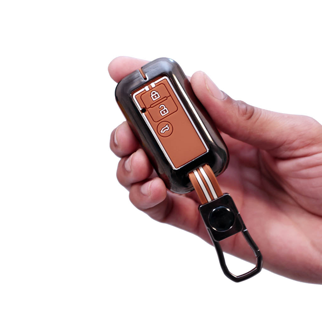 Metal Silicon Car Key Cover with Zinc Alloy For Suzuki Ertiga, Swift, Dzire, Baleno, Ignis, XL6, Franzo, Celerio, Ciaz, Brezza, Jimny - 3 Button Smart Key - 360° Shock-Proof Protection - (Biscuit Brown)