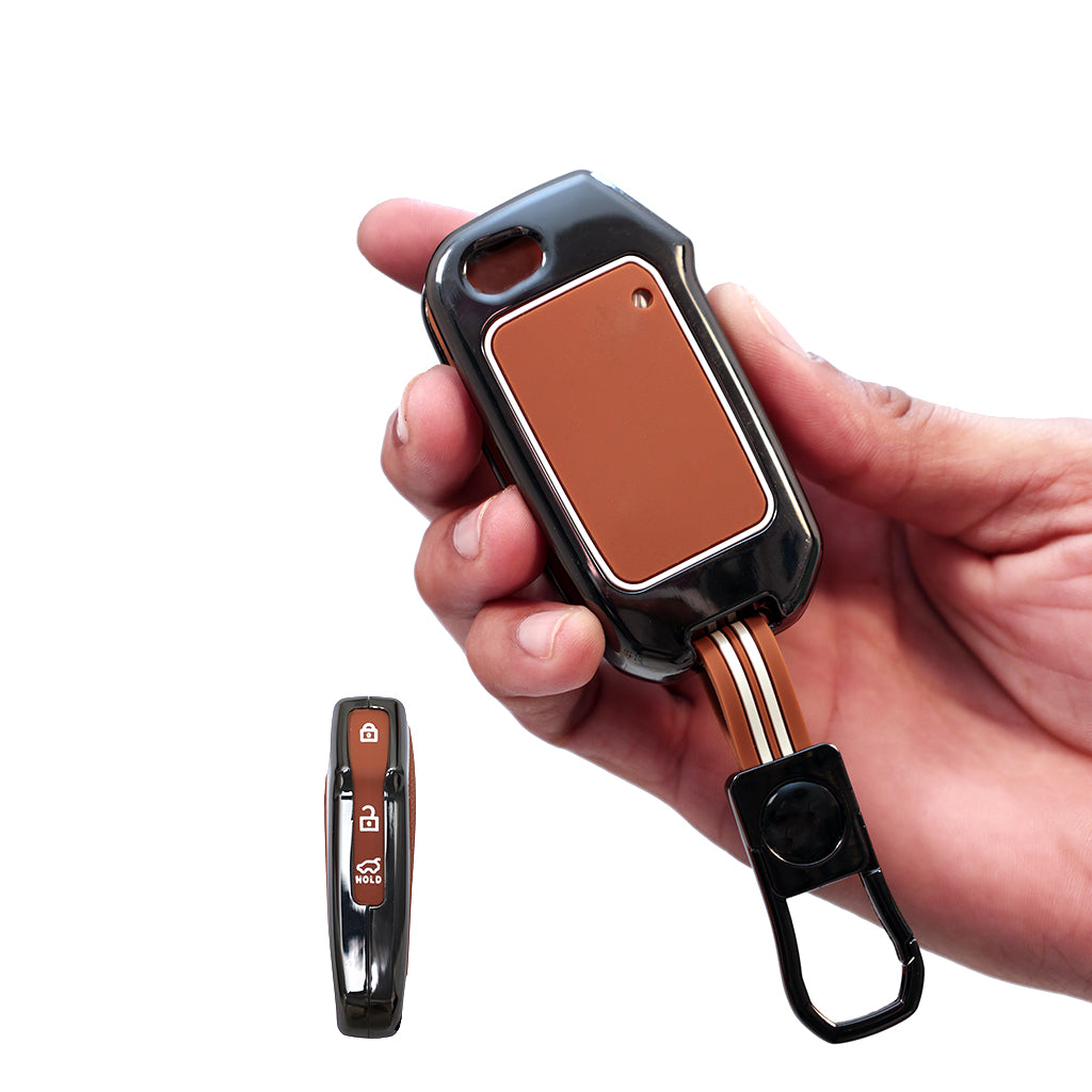 Metal Silicon Car Key Cover With Zinc Alloy Compatible With Kia, Kia Seltos HTE, Sonet HTE, Carens Premium, Prestige - 3 Button Flip Key - 360° Shock-Proof Protection For Kia - (Biscuit Brown)