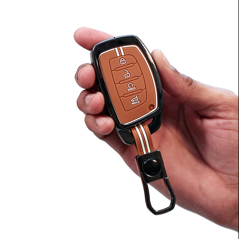 Metal Silicon Car Key Cover with Zinc Alloy For Hyundai Alcazar, Creta, Tucson - 4 Button Smart Key - 360° Shock-Proof Protection - (Biscuit Brown)
