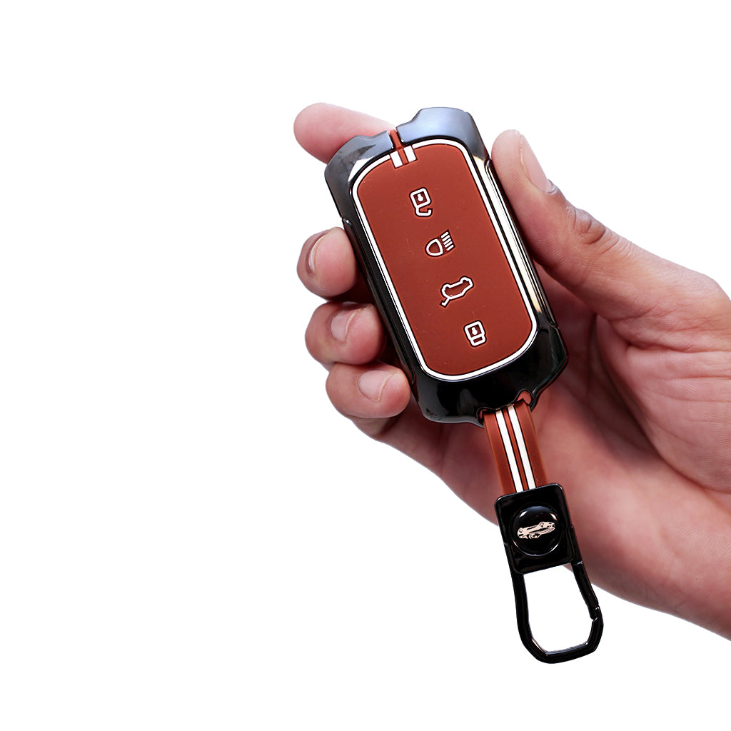 Metal Silicon Car Key Cover with Zinc Alloy For TATA Curvv - 4 Button smart key - 360° Shock-Proof Protection (Biscuit Brown)