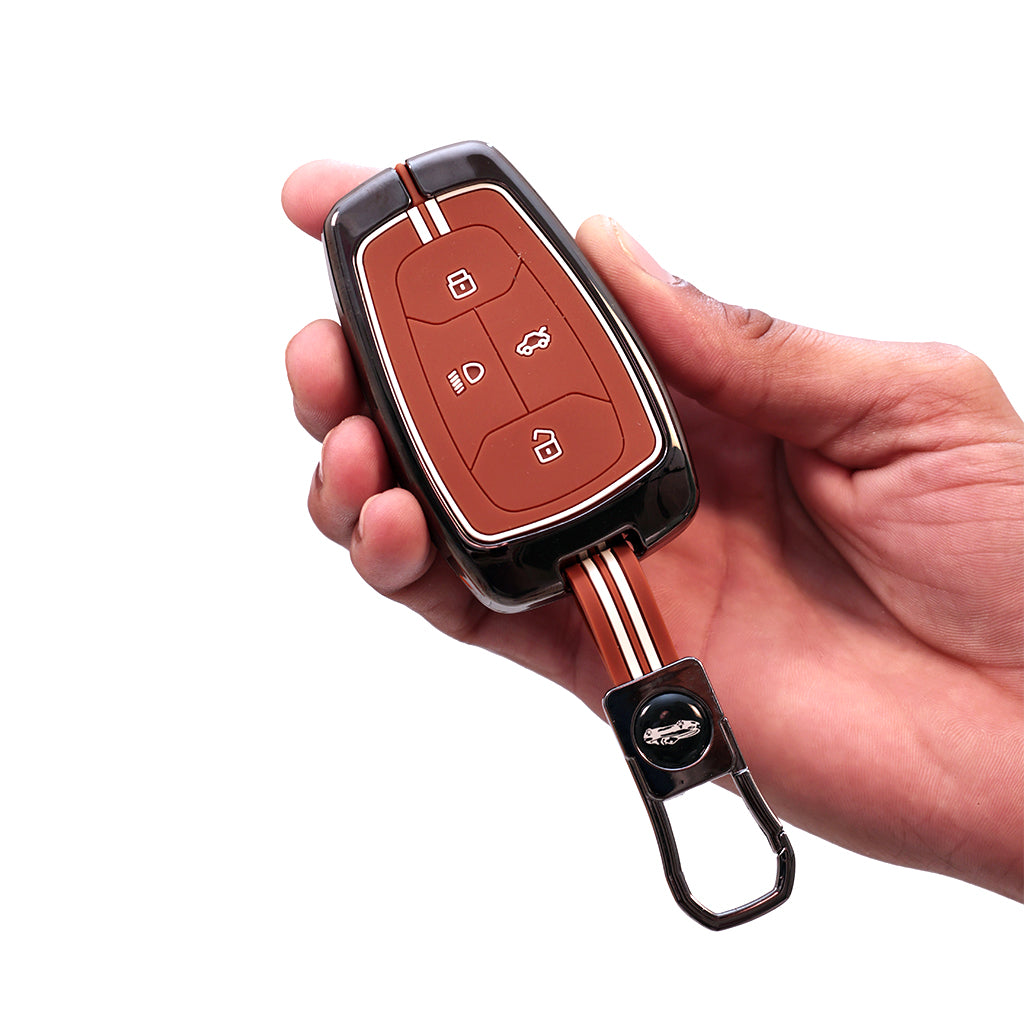 Metal Silicon Car Key Cover with Zinc Alloy For TATA Punch, Tiago, Altroz, Nexon, Harrier, Safari, EV, Sierra - 4 Button Smart Key Prestige - 360° Shock-Proof Protection For Tata - (Biscuit Brown)