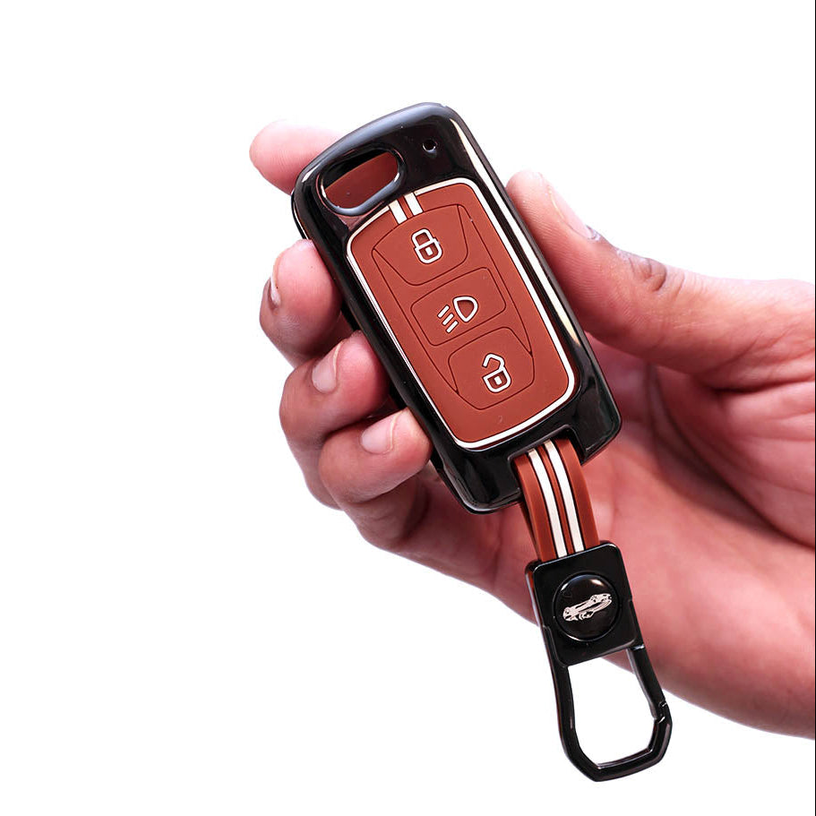 Metal Silicon Car Key Cover with Zinc Alloy For TATA Arai, Safari, Tiago, Zest, Bolt, Tigor, Hexa, Nexon, Harrier, Altroz, Punch - 3 Button Smart Key - 360° Shock-Proof Protection - (Biscuit Brown)