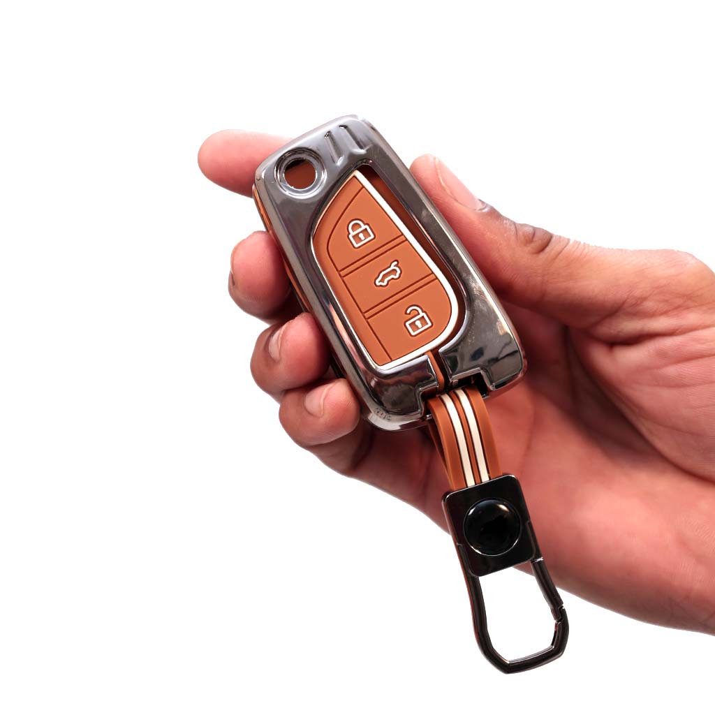 Metal Silicon Car Key Cover with Zinc Alloy For Toyota Corolla Altis, Innova Crysta - 3 Button Flip Key - 360° Shock-Proof Protection for Toyota - (Biscuit Brown)