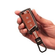 Metal Silicon Car Key Cover with Zinc Alloy For Skoda/Volkswagen Kushaq, Kylaq, Octavia, Kodiaq, Superb, Slavia, Passat, Virtus, T Roc - 3 Button Flip Key - 360° Shock-Proof Protection for Skoda & Volkswagen - (Biscuit Brown)