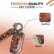 Metal Leather Car Key Cover Compatible With Kia Seltos, Sonet 2023 | Push Start 4 Button Side Key