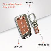 Metal Silicon Car Key Cover with Zinc Alloy For Skoda/Volkswagen Kushaq, Kylaq, Octavia, Kodiaq, Superb, Slavia, Passat, Virtus, T Roc - 3 Button Flip Key - 360° Shock-Proof Protection for Skoda & Volkswagen - (Biscuit Brown)