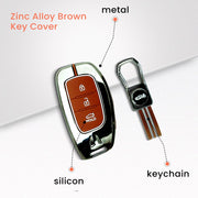 Metal Silicon Car Key Cover with Zinc Alloy For Grand i10 NIOS Asta, Venue, i20, Aura, Creta, Elantra - 3 Button Smart Key - 360° Shock-Proof Protection - (Biscuit Brown)