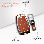 Metal Silicon Car Key Cover with Zinc Alloy For TATA Punch, Tiago, Altroz, Nexon, Harrier, Safari, EV, Sierra - 4 Button Smart Key Prestige - 360° Shock-Proof Protection For Tata - (Biscuit Brown)