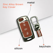 Metal Silicon Car Key Cover with Zinc Alloy For TATA Arai, Safari, Tiago, Zest, Bolt, Tigor, Hexa, Nexon, Harrier, Altroz, Punch - 3 Button Smart Key - 360° Shock-Proof Protection - (Biscuit Brown)