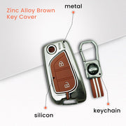 Metal Silicon Car Key Cover with Zinc Alloy For Toyota Corolla, Camry, Ascent, Yaris, Levin - 2 Button Flip Key - 360° Shock-Proof Protection for Toyota - (Biscuit Brown)