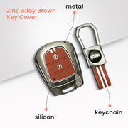 Metal Silicon Car Key Cover with Zinc Alloy For Hyundai Santro, Eon, i10 Grand - 2 Button Smart Key - 360° Shock-Proof Protection - (Biscuit Brown)